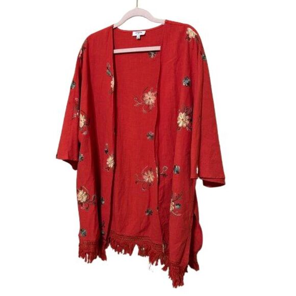 Umgee Kimono Top Medium Red Embroider Floral Open Front Hippie Cottagecore Boho - Picture 2 of 7